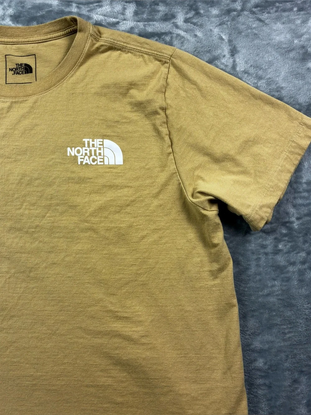 North Face Never Stop Exploring T-Shirt Size Large Tan Double Sided 100% Cotton